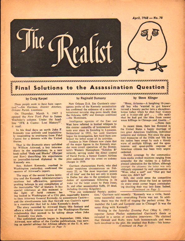 Item #23419 The Realist No. 78, April,1968: Final Solution to the Assassination Question. Paul Krassner.