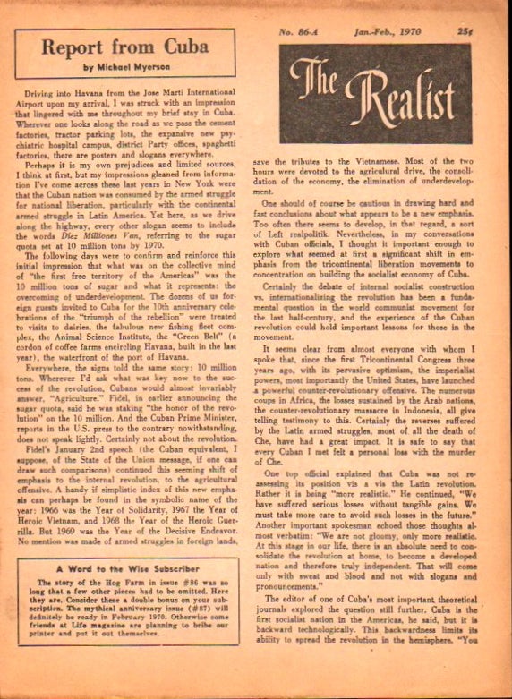 Item #23422 The Realist No. 86-A, January-February, 1970: Report From Cuba by Michael Myerson. Paul Krassner.