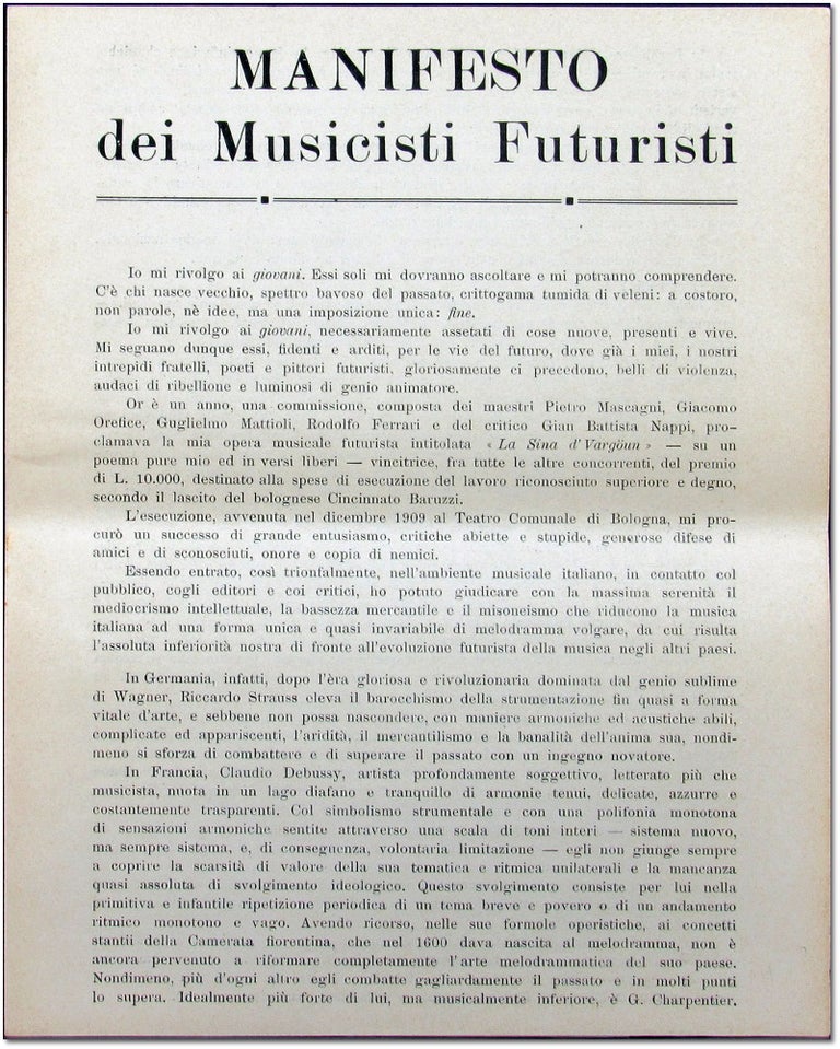 Item #26862 Manifesti dei Musicisti Futuristi. Futurist Music, Balilla Pratella.