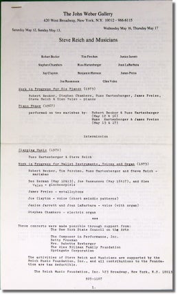 Item #27762 Original Program For Steve Reich and Musicians Performing at the John Weber Gallery....