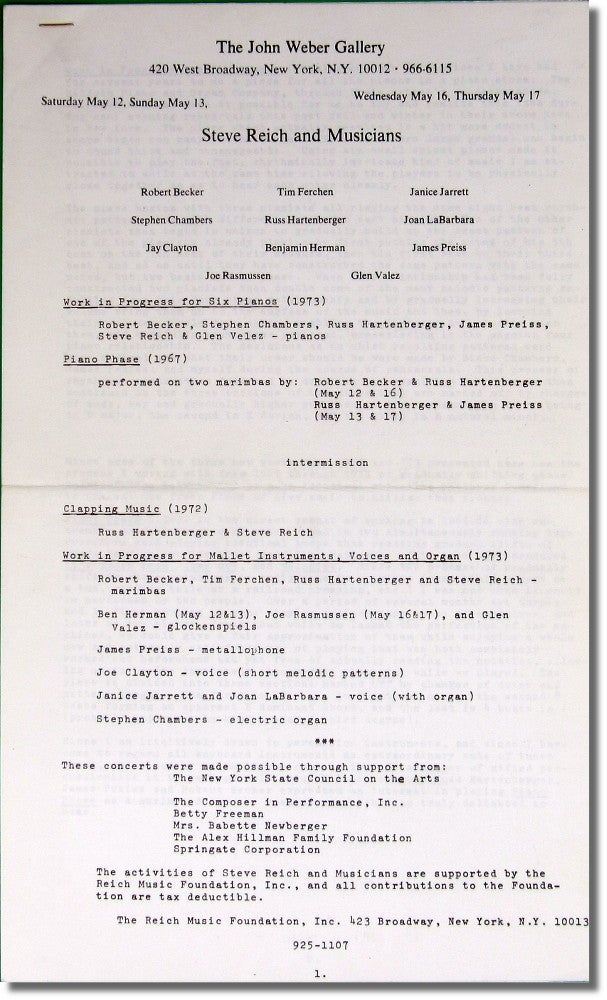 Item #27762 Original Program For Steve Reich and Musicians Performing at the John Weber Gallery. Steve Reich.