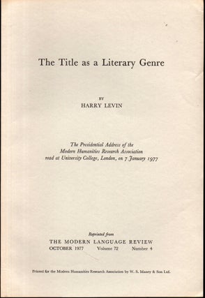 Item #28305 The Title As Literary Genre. Harry Levin