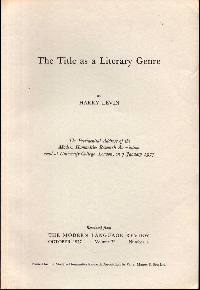 Item #28305 The Title As Literary Genre. Harry Levin.
