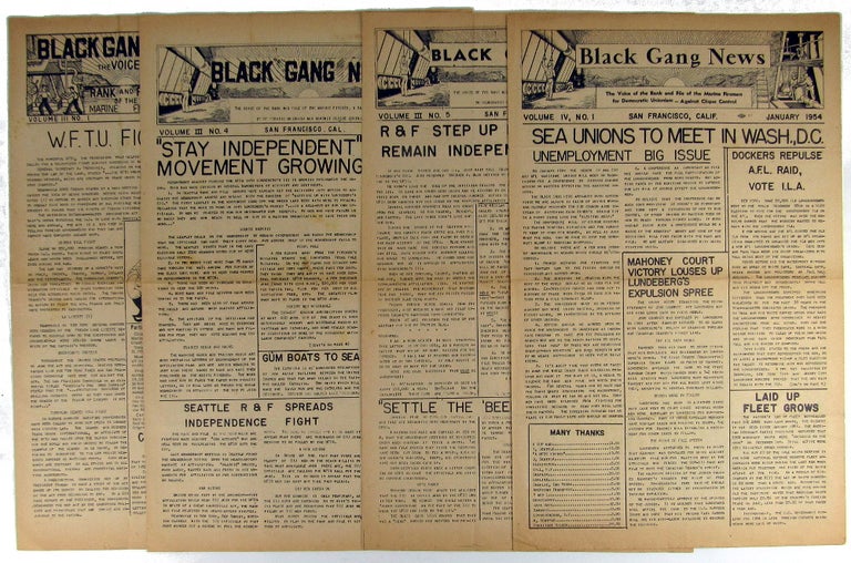 Item #39396 Black Gang News: The Voice of Rank and File of the Marine Fireman Volume Three Numbers One, Four and Five; Volume Four Number One. [Broken run of Four Issues]. Oilers Pacific Coast Marine Firemen, Watertenders, Wipers Association.