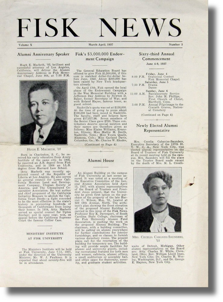 Item #40409 Fisk News Volume X Number Three March-April, 1937. Andrew J. Allison.