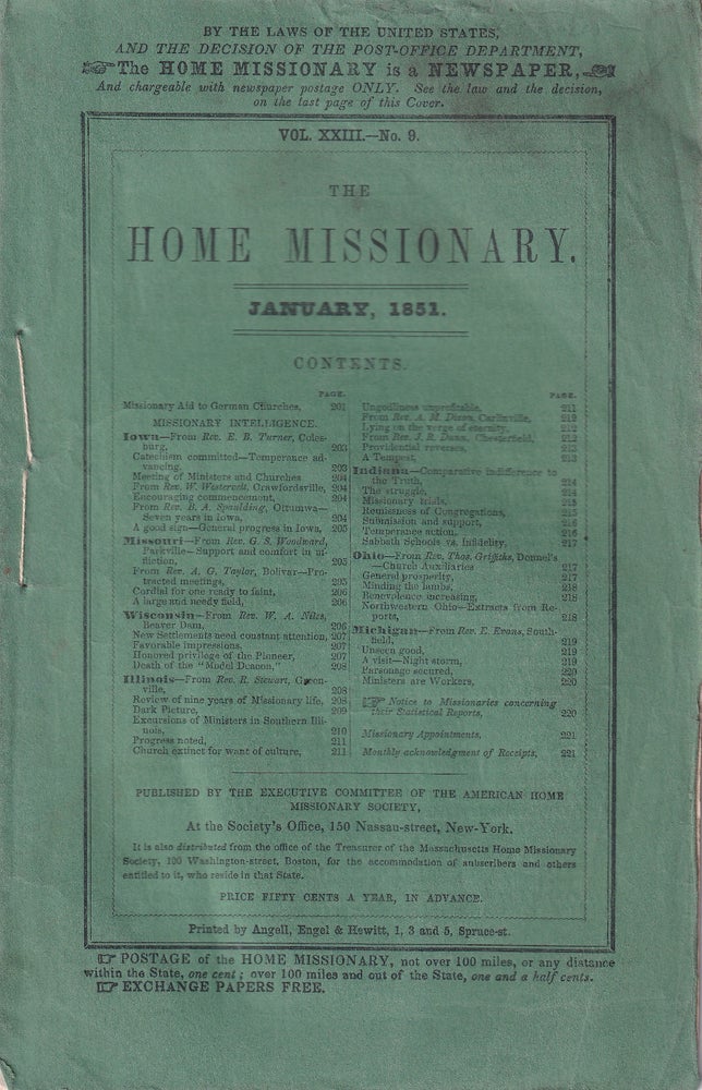 Item #47897 The Home Missionary, January 1851 Vol. XXIII No.9. American Home Missionary Society.