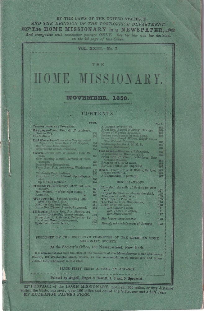 Item #47898 The Home Missionary, November 1850 Vol. XXIII No.7. American Home Missionary Society.