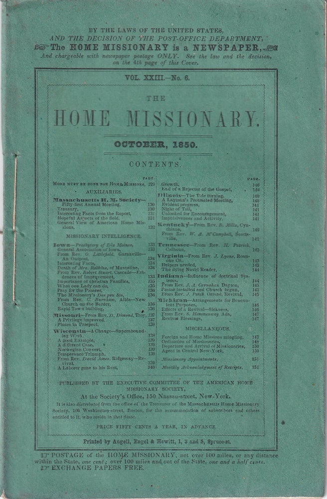 Item #47899 The Home Missionary, October 1850 Vol. XXIII No.6. American Home Missionary Society.