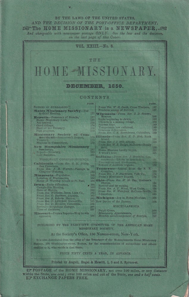 Item #47900 The Home Missionary, December 1850 Vol. XXIII No.8. American Home Missionary Society.
