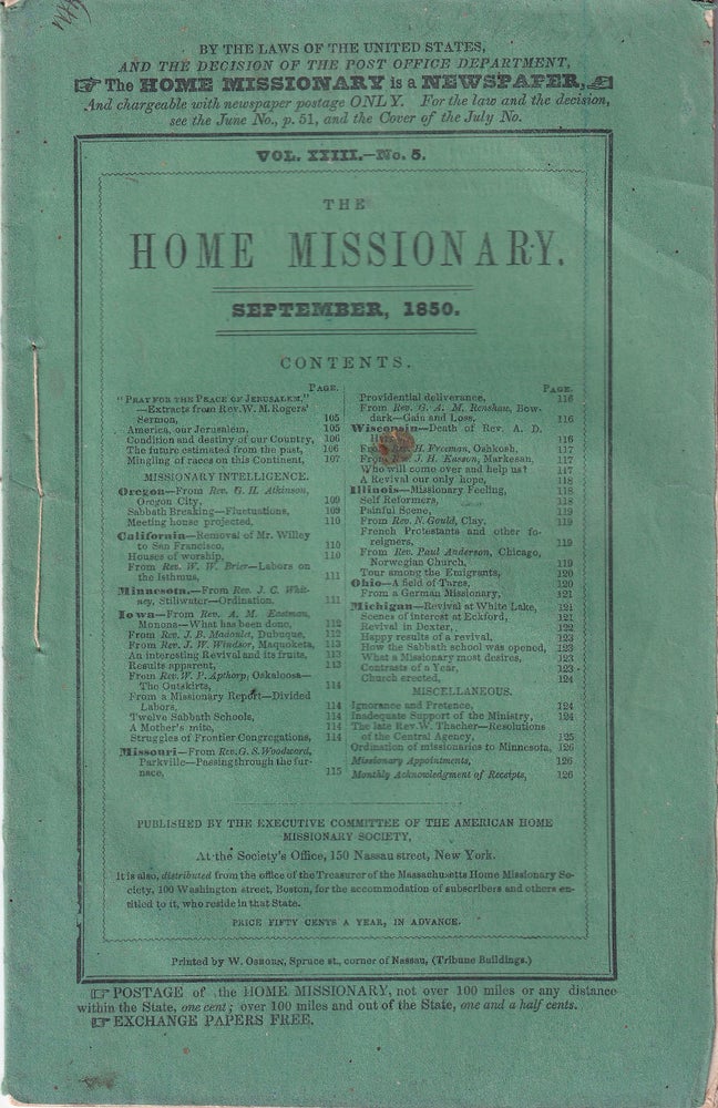Item #47901 The Home Missionary, September 1850 Vol. XXIII No.5. American Home Missionary Society.