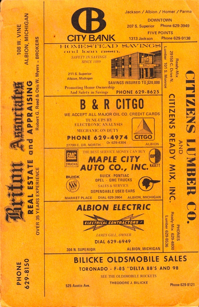 Item #49506 Albion Michigan 1971 Classified Business Directory. Michigan Albion.