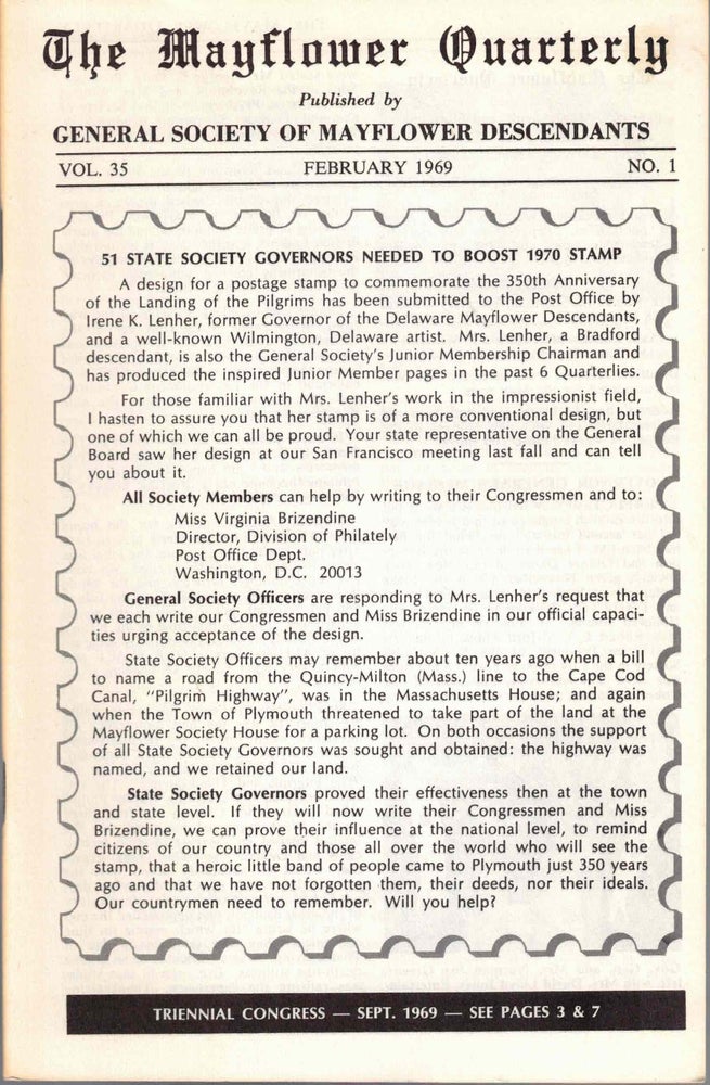 Item #54799 The Mayflower Quarterly Vol. 35 No. 1, February 1969. General Society of Mayflower Descendants.