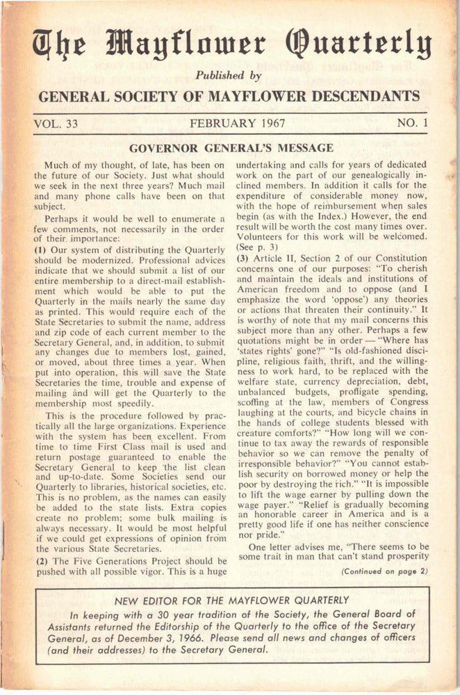 Item #54841 The Mayflower Quarterly Vol. 33 No. 1, February 1967. General Society of Mayflower Descendants.