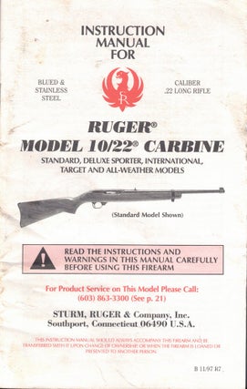 Item #56087 Instruction Manual for Ruger Model 10/22 Carbine Standard, Deluxe Sporter,...