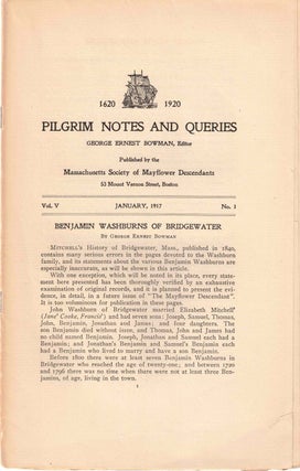 Item #56527 Pilgrim Notes and Queries January 1917, Vol. V No. 1. George Ernest Bowman