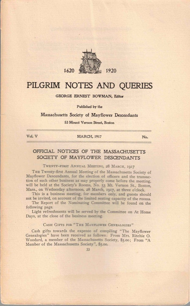 Item #56529 Pilgrim Notes and Queries March 1917, Vol. V No. 3. George Ernest Bowman.