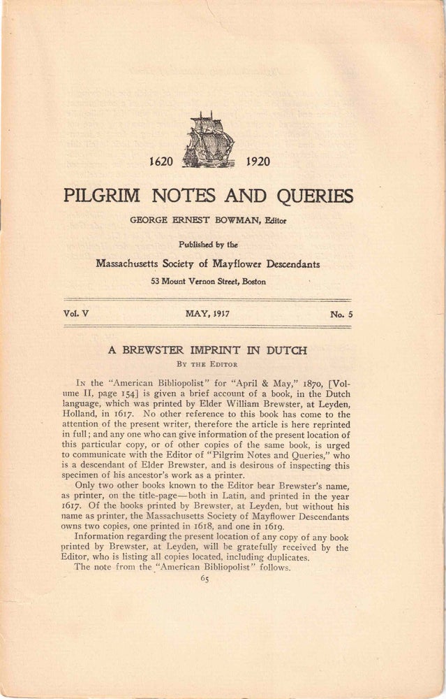 Item #56531 Pilgrim Notes and Queries May 1917, Vol. V No. 5. George Ernest Bowman.