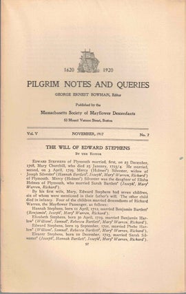 Item #56533 Pilgrim Notes and Queries November 1917, Vol. V No. 7. George Ernest Bowman