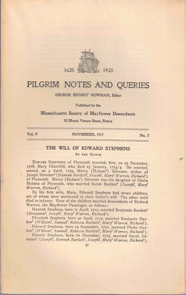 Item #56533 Pilgrim Notes and Queries November 1917, Vol. V No. 7. George Ernest Bowman.
