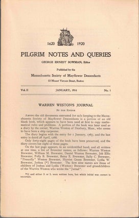 Item #56564 Pilgrim Notes and Queries January 1914, Vol. II No. 1. George Ernest Bowman