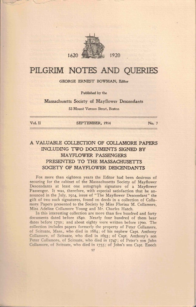 Item #56570 Pilgrim Notes and Queries September 1914, Vol. II No. 7. George Ernest Bowman.