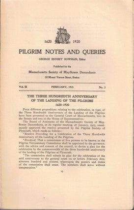 Item #56575 Pilgrim Notes and Queries February 1915, Vol. III No. 2. George Ernest Bowman