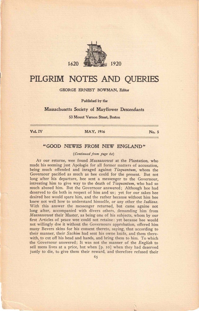 Item #56582 Pilgrim Notes and Queries May 1916, Vol. IV No. 5. George Ernest Bowman.