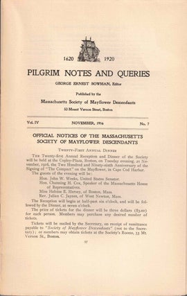 Item #56583 Pilgrim Notes and Queries November 1916, Vol. IV No. 7. George Ernest Bowman