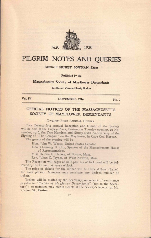 Item #56583 Pilgrim Notes and Queries November 1916, Vol. IV No. 7. George Ernest Bowman.