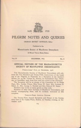 Item #56584 Pilgrim Notes and Queries December 1916, Vol. IV No. 8. George Ernest Bowman
