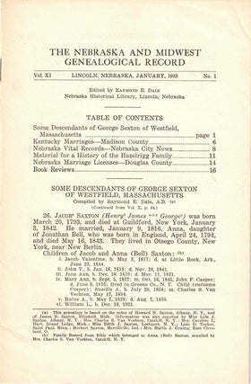 Item #56620 The Nebraska and Midwest Genealogical Record Vol. XI, No. 1, January 1933. Raymond E....