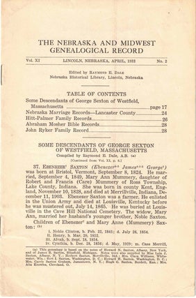 Item #56621 The Nebraska and Midwest Genealogical Record Vol. XI, No. 2, April 1933. Raymond E. Dale