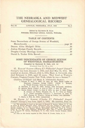 Item #56622 The Nebraska and Midwest Genealogical Record Vol. XI, No. 3, July 1933. Raymond E. Dale