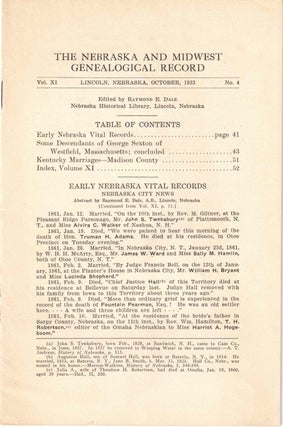 Item #56623 The Nebraska and Midwest Genealogical Record Vol. XI, No. 4, October 1933. Raymond E....