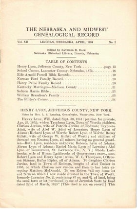 Item #56625 The Nebraska and Midwest Genealogical Record Vol. XII, No. 2, April 1934. Raymond E....