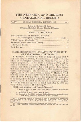 Item #56628 The Nebraska and Midwest Genealogical Record Vol. XV, No. 1, January 1937. Raymond E....