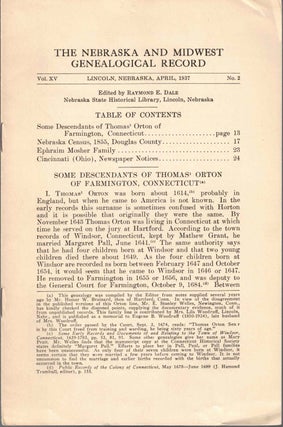 Item #56629 The Nebraska and Midwest Genealogical Record Vol. XV, No. 2, April 1937. Raymond E. Dale