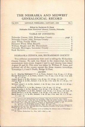 Item #56632 The Nebraska and Midwest Genealogical Record Vol. XVI, No. 1, January 1936. Raymond...