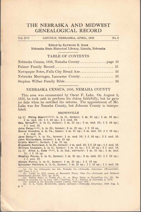 Item #56633 The Nebraska and Midwest Genealogical Record Vol. XVI, No. 2, April 1938. Raymond E....
