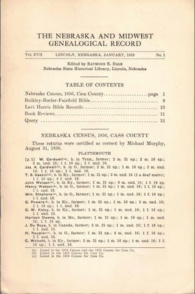 Item #56635 The Nebraska and Midwest Genealogical Record Vol. XVII, No. 1, January 1939. Raymond...