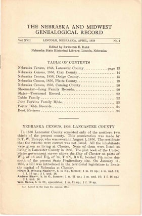 Item #56636 The Nebraska and Midwest Genealogical Record Vol. XVII, No. 2, April 1939. Raymond E....