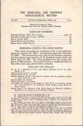 Item #56642 The Nebraska and Midwest Genealogical Record Vol. XIX, No. 2, April 1941. Raymond E....