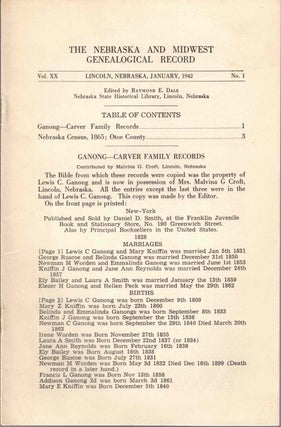 Item #56648 The Nebraska and Midwest Genealogical Record Vol. XX, No. 1, January 1942. Raymond E....