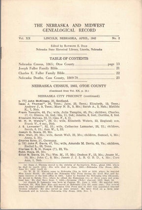 Item #56650 The Nebraska and Midwest Genealogical Record Vol. XX, No. 2, April 1942. Raymond E. Dale