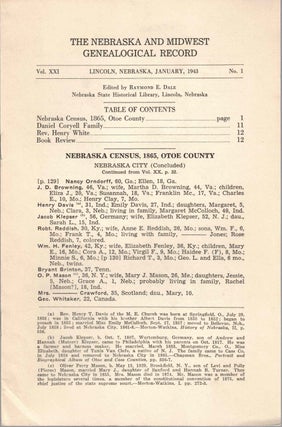 Item #56653 The Nebraska and Midwest Genealogical Record Vol. XXI, No. 1, January 1943. Raymond...