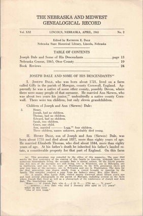 Item #56654 The Nebraska and Midwest Genealogical Record Vol. XXI, No. 2, April 1943. Raymond E....