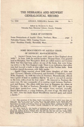 Item #56658 The Nebraska and Midwest Genealogical Record Vol. XXII, No. 1, January 1944. Raymond...