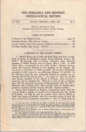 Item #56660 The Nebraska and Midwest Genealogical Record Vol. XXII, No. 2, April 1944. Raymond E....