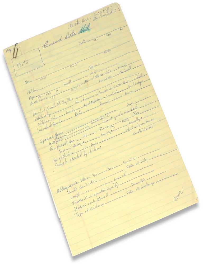 Item #67155 Manuscript Draft Template of SCOPE Volunteer Worker Form. Summer Community Organization, Political Education Project.
