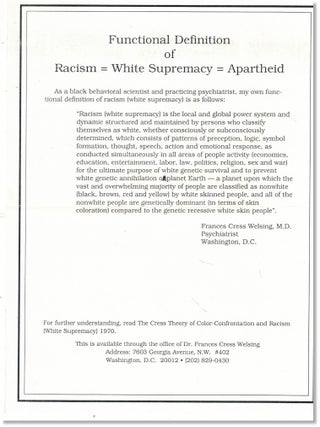 The Cress Theory of Color Confrontation and Racism (White Supremacy) (A Psycho-Genetic Theory and World Outlook)